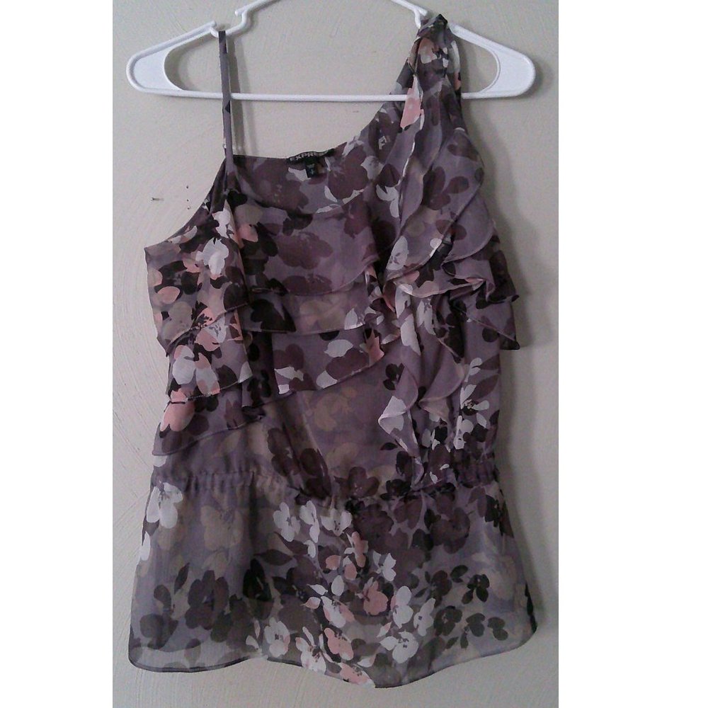 Express Women's Grey Floral Print One Shoulder Ruffle Sleeveless Top